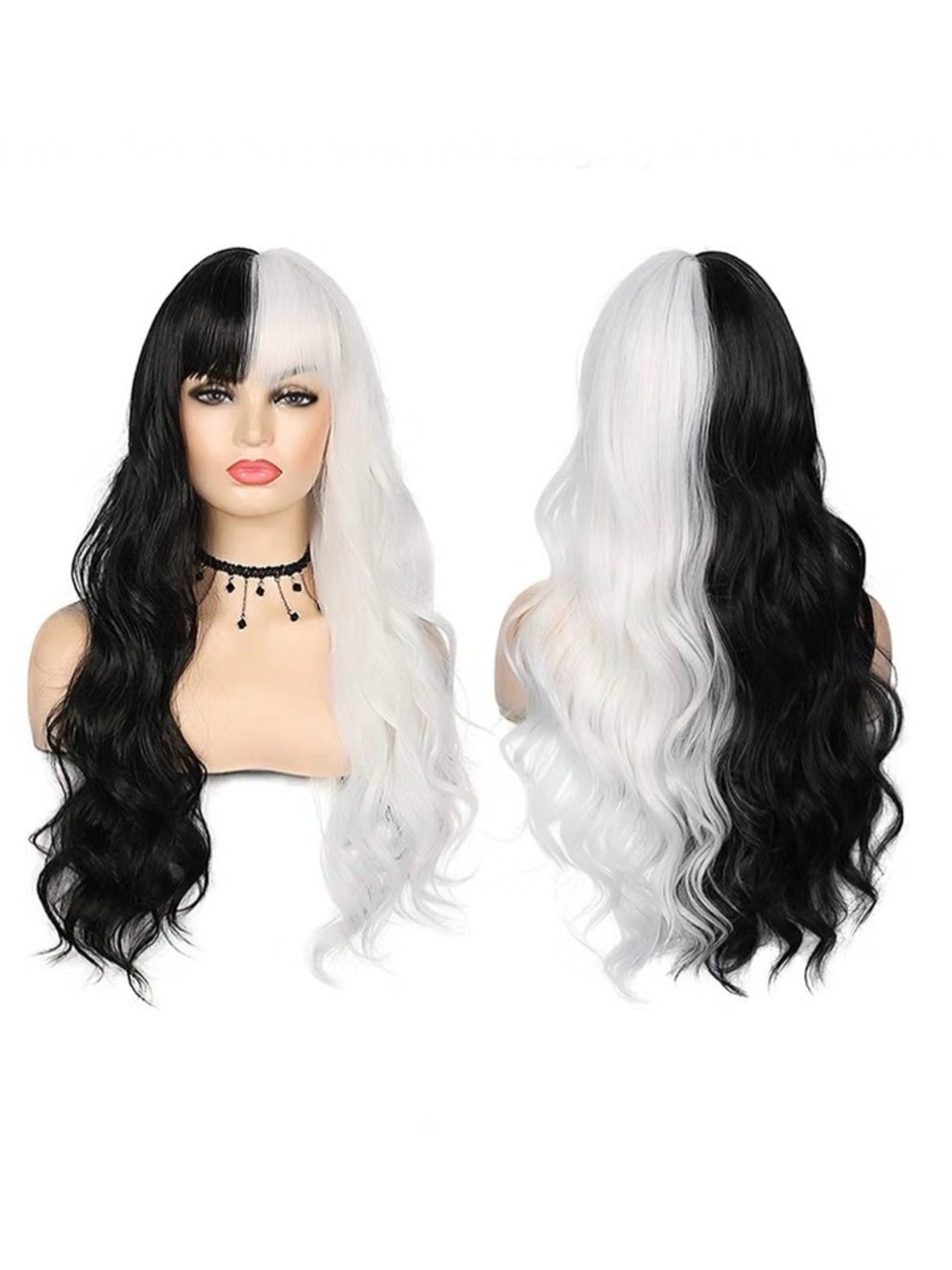 Sallcks Black White 2 Tone Split Wavy Synthetic Wig with Bangs